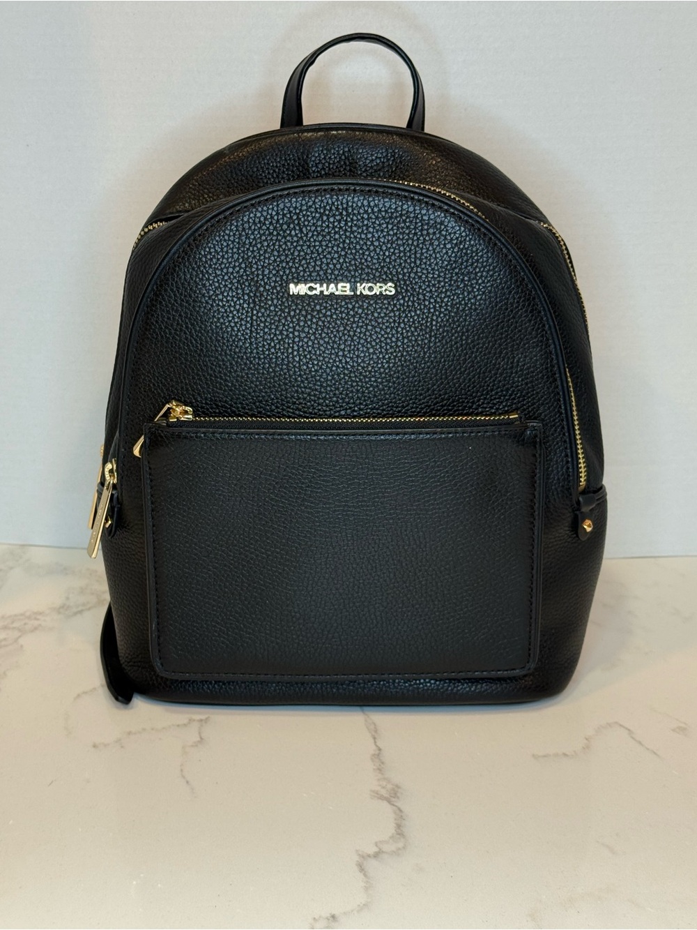 Michael Kors Black Pebbled Leather Backpack with Gold Hardware